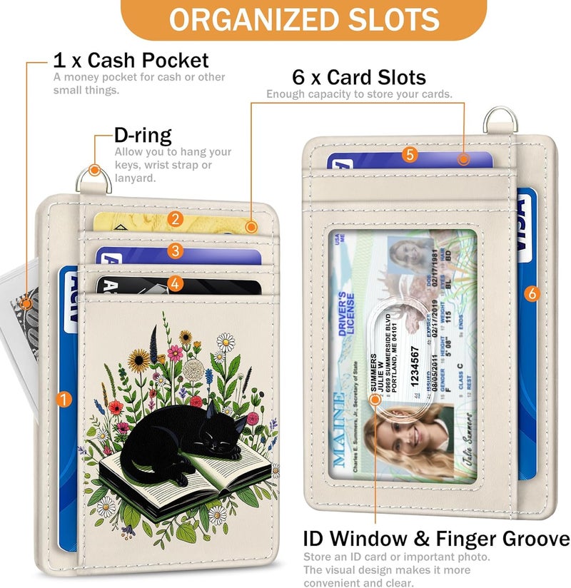 Yonlevres Credit Card Holder Slim Wallet, Floral Cat RFID Wallet Women Front Pocket Small Card Holder, Travel Cute Funny Thin RFID Blocking Case Organizer ID Window PU Leather Gifts - Image 4